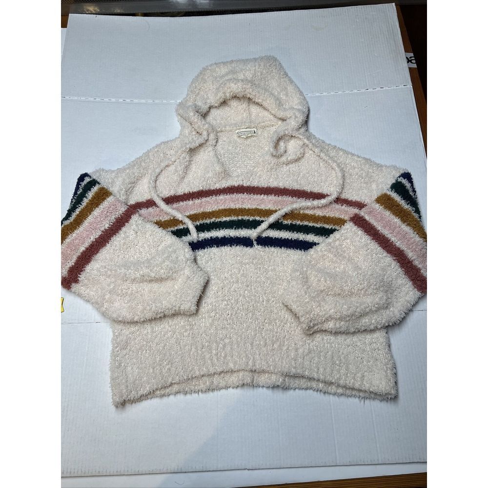 LOVE RICHE Varsity Striped Oversized Hooded Balloon Sleeve Cream Sweater Medium